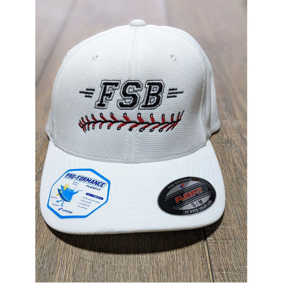 FSB Hat Cap White Fitted S/M Polyester Mens Baseball Stitching Sport Tek FlexFit - Picture 2 of 8